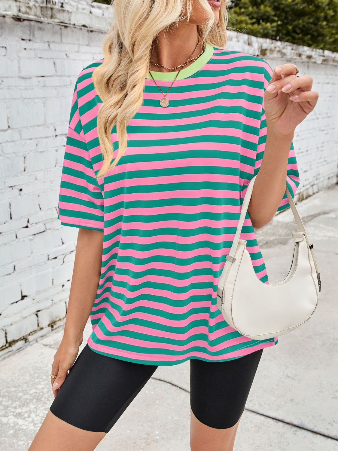 Lovelet Striped Round Neck Half Sleeve T-Shirt - Charming Charlie