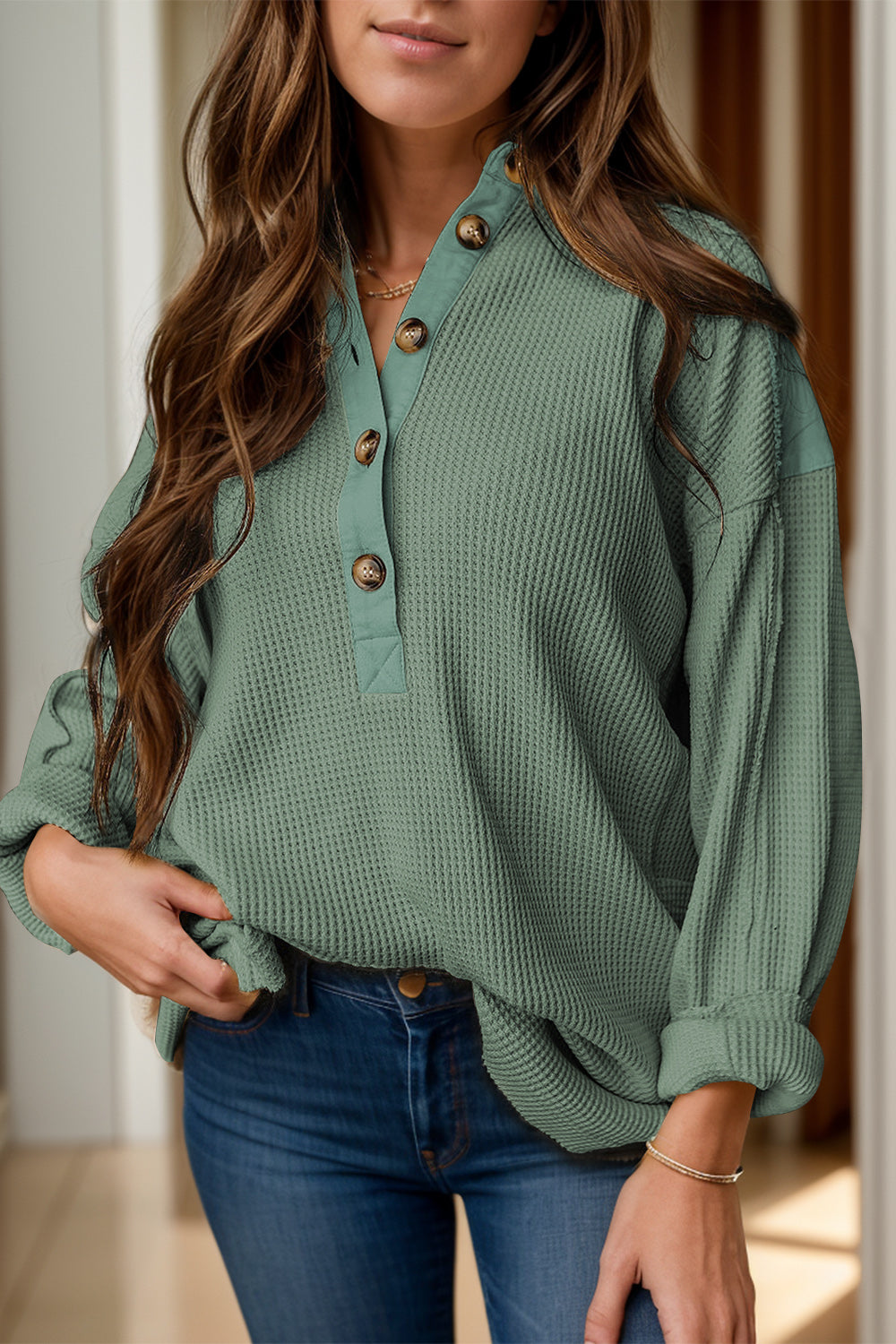 Half Button Long Sleeve Top - Charming Charlie