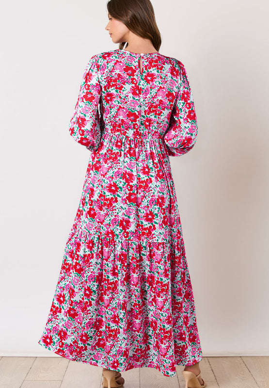 Printed Round Neck Lantern Sleeve Maxi Dress - Charming Charlie