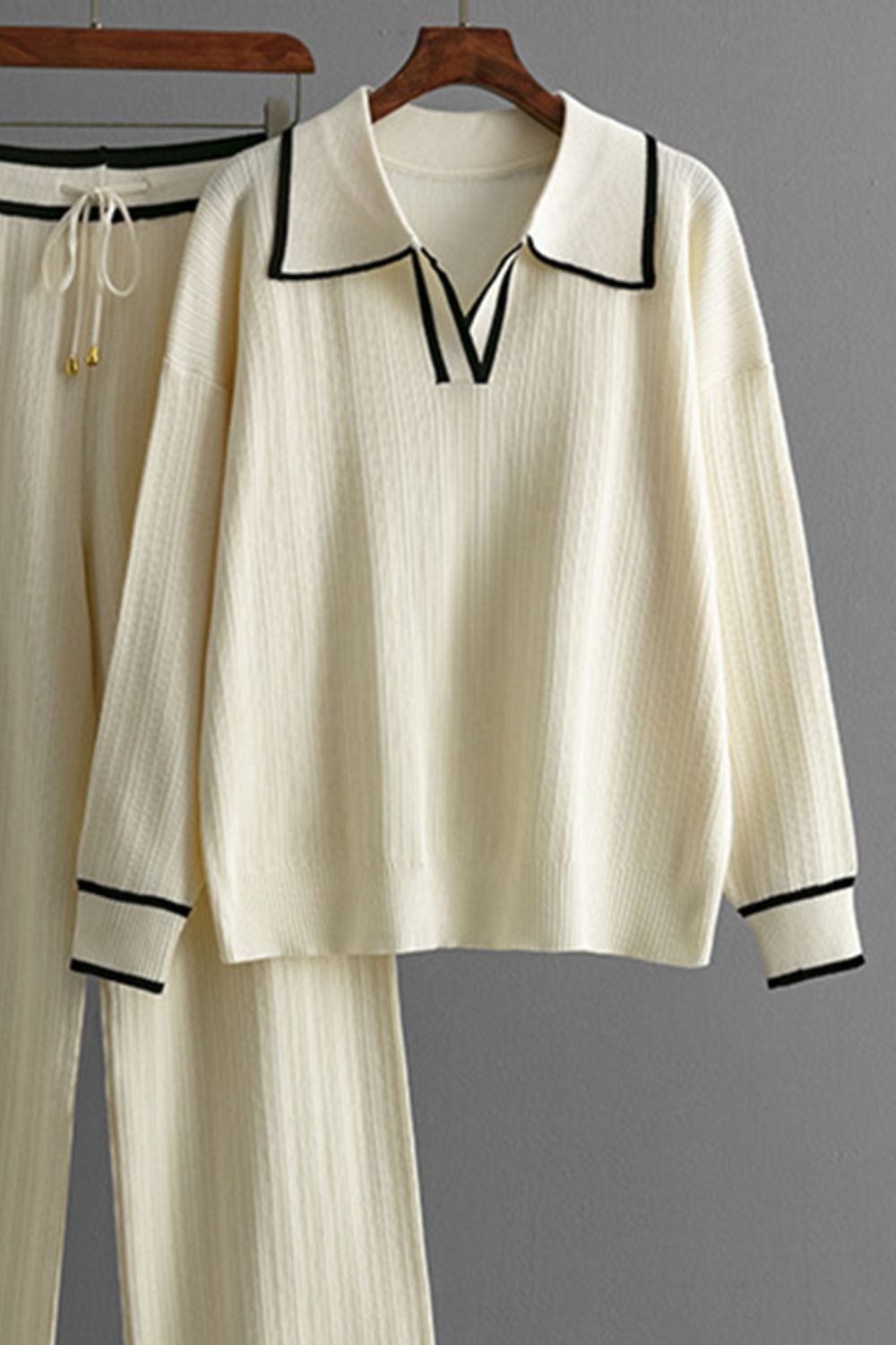 Contrast Trim Johnny Collar Top and Drawstring Pants Sweater Set - Charming Charlie