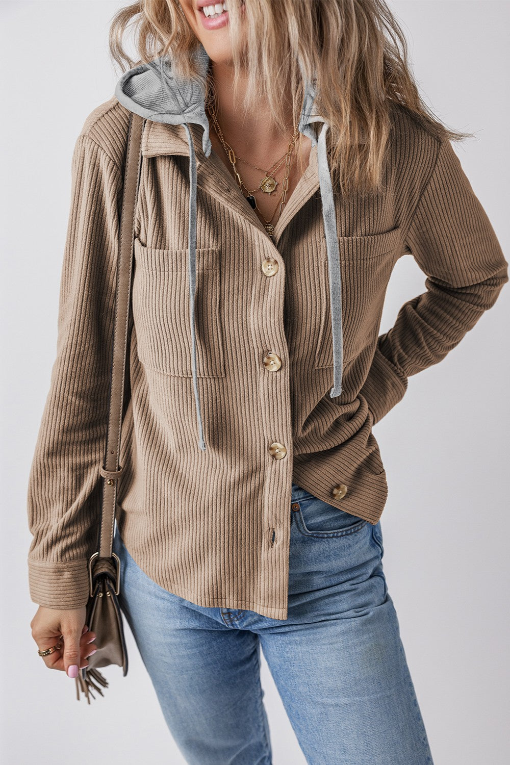 Drawstring Button Up Long Sleeve Hooded Jacket - Charming Charlie