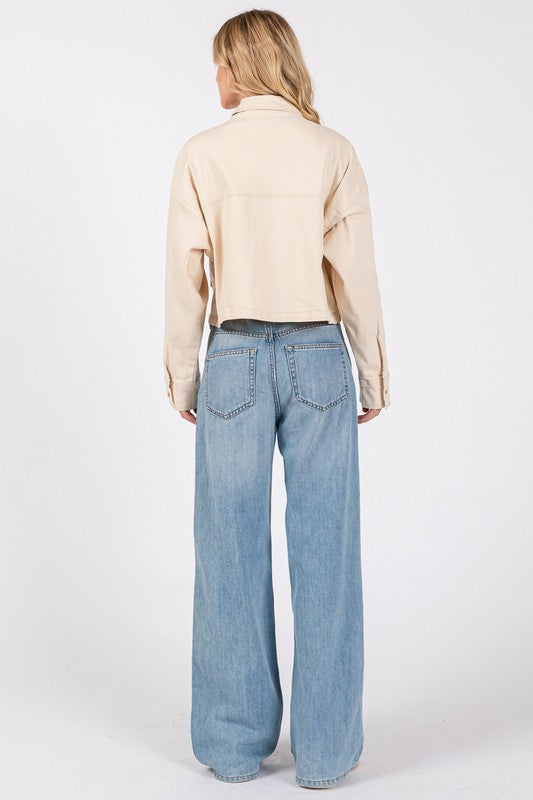 bytos Button Down Cropped Denim Jacket with Patch Pockets - Charming Charlie