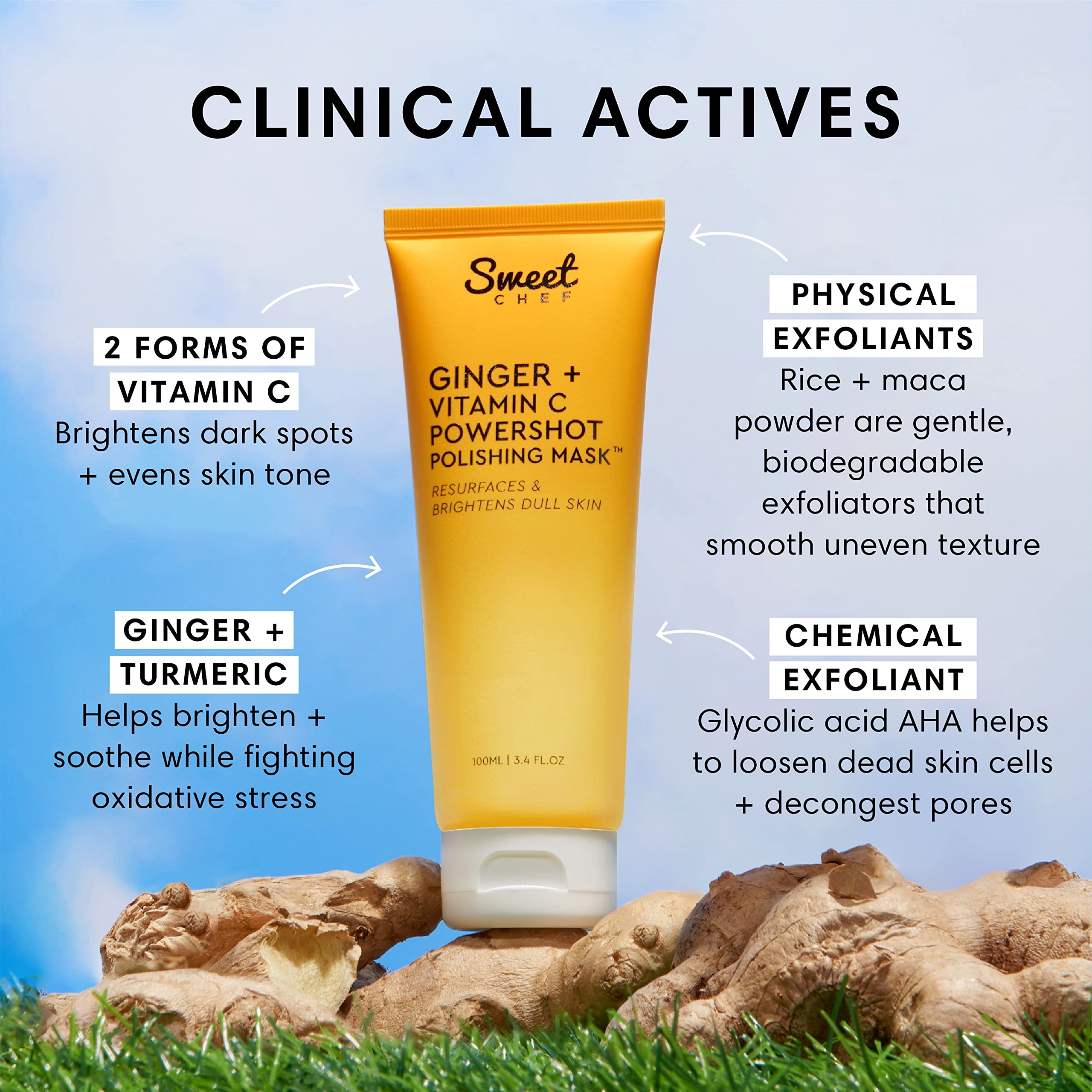 Sweet Chef Ginger + Vitamin C Powershot Polishing Mask - Brightening Face Mask for Dark Spots & Uneven Skin Tone + Maca, Rice Powders & AHA Face Exfoliant & Resurfacing Formula (3.4oz) - Charming Charlie