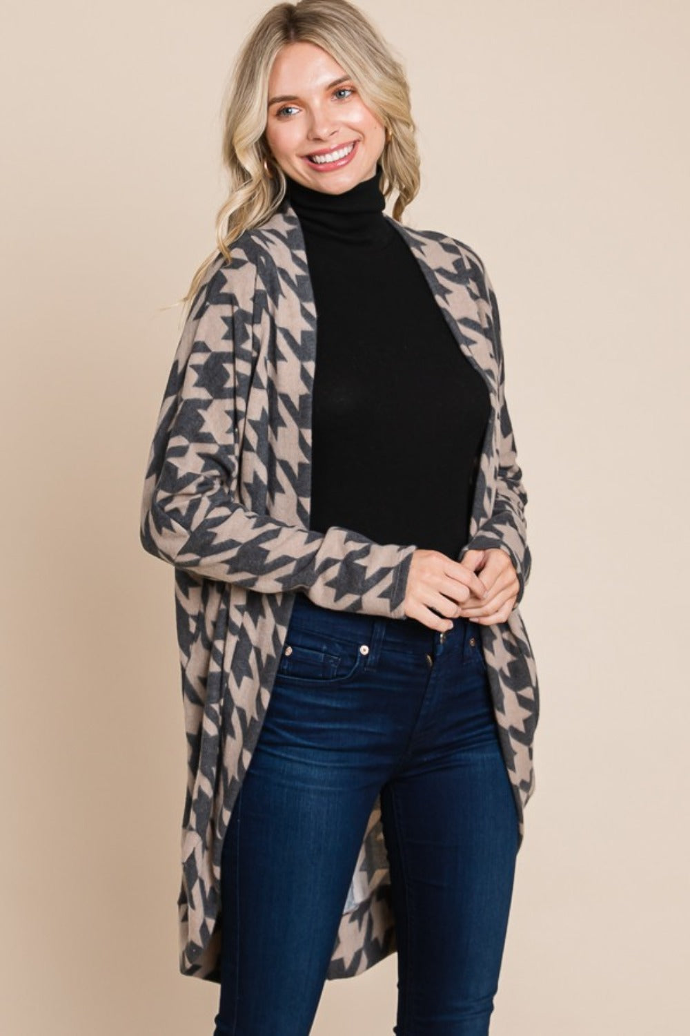 BOMBOM Houndstooth Open Front Cocoon Knit Cardigan - Charming Charlie