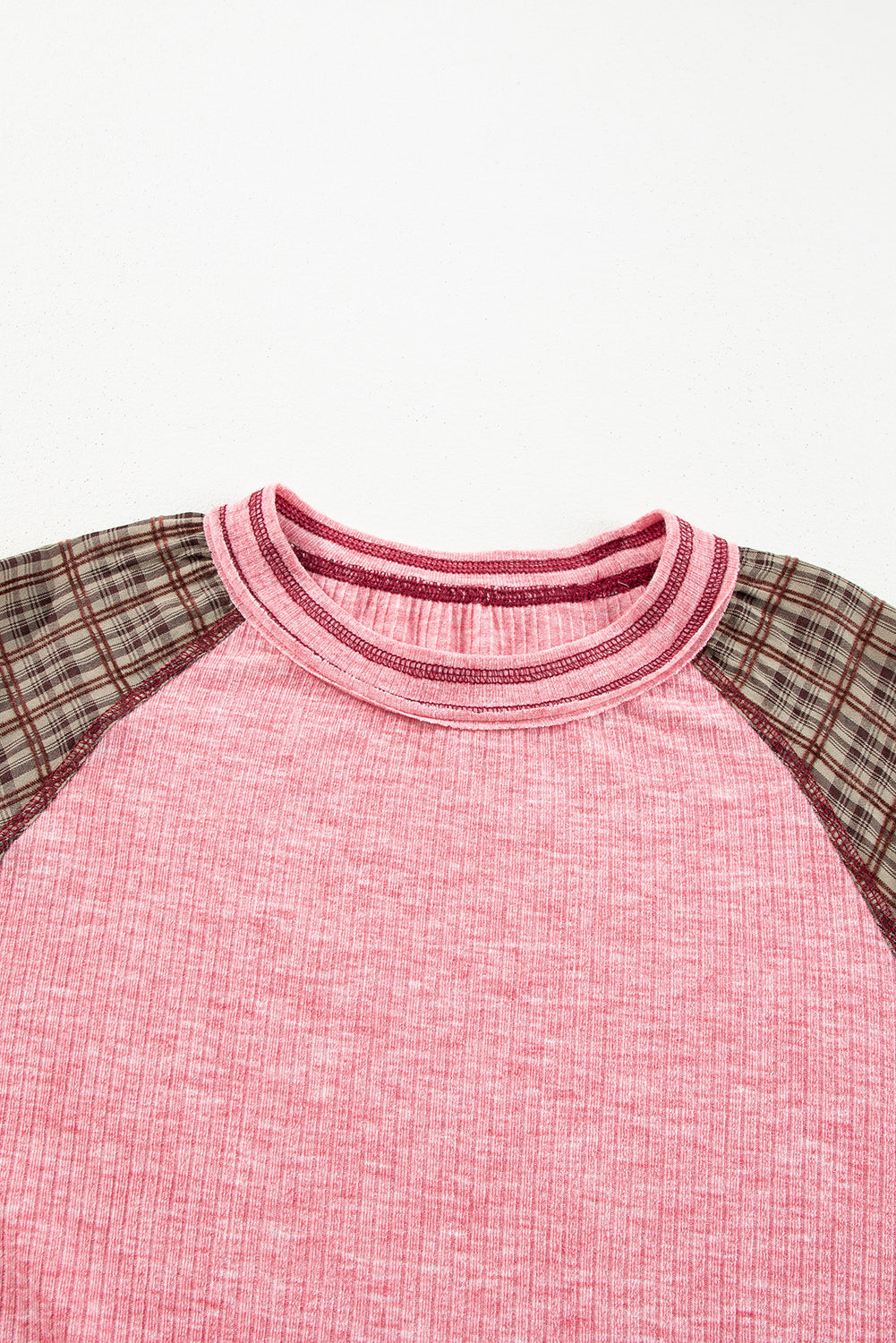 Plaid Floral Patchwork Round Neck Long Sleeve Top - Charming Charlie