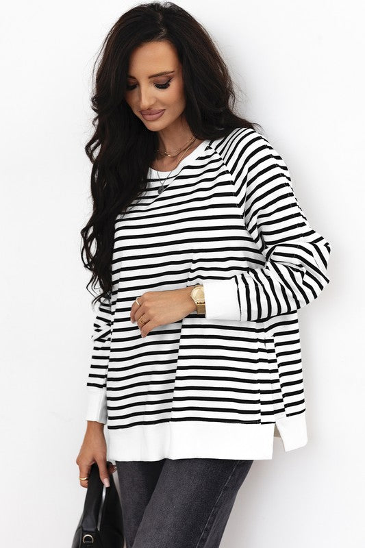Stripe Raglan Sleeve Side Slits Loose Sweatshirt - Charming Charlie