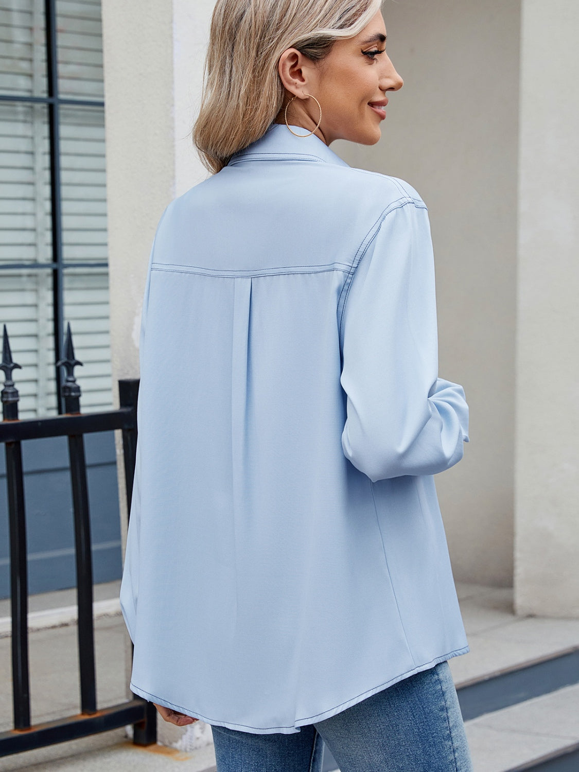 Solid Color Collared Neck Long Sleeve Shirt - Charming Charlie
