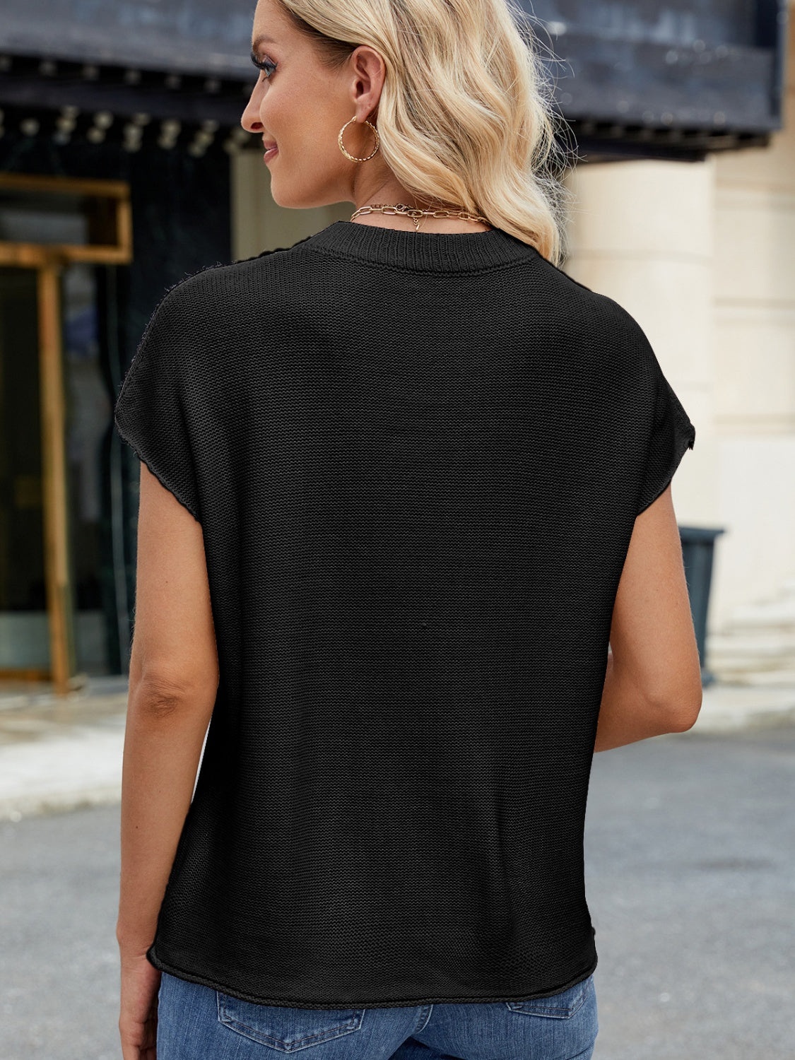 Exposed Seam Round Neck Short Sleeve Sweater - Charming Charlie