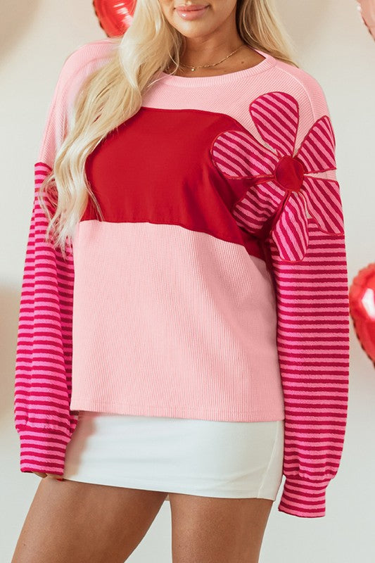 Patch Color Block Striped Sleeve Textured Top - Charming Charlie