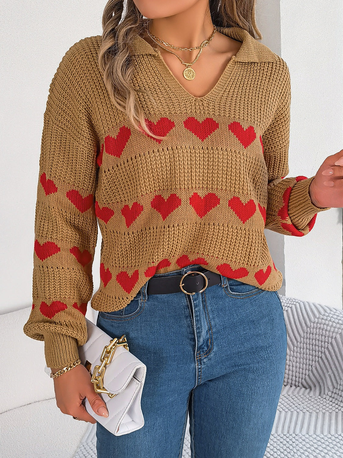 Heart Johnny Collar Long Sleeve Sweater - Charming Charlie