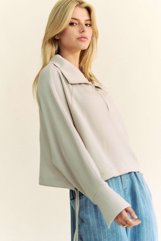Davi & Dani Drawstring Hem Half Zip Raglan Sleeve Sweatshirt - Charming Charlie