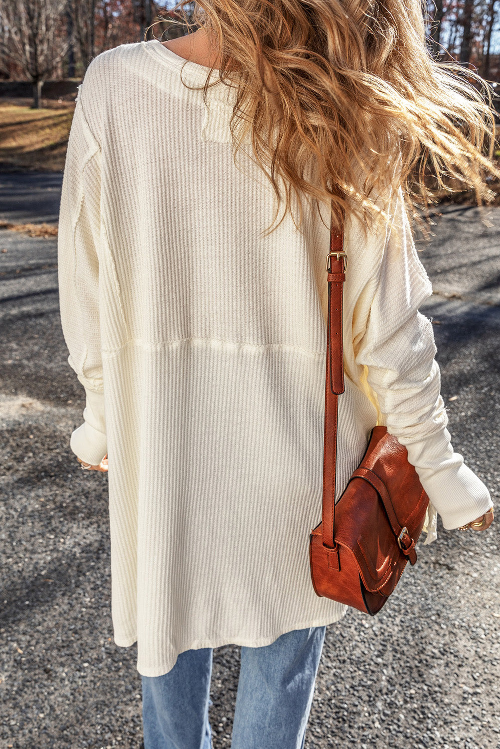 Exposed Seam Round Neck Long Sleeve Blouse - Charming Charlie