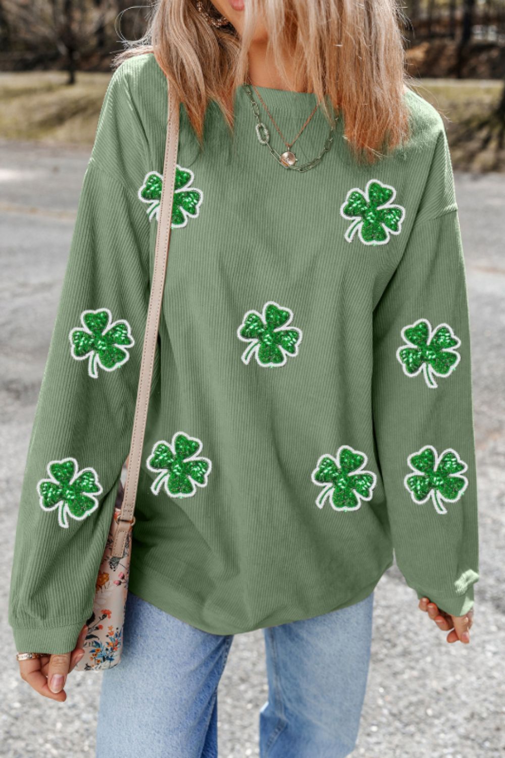 Sequin Lucky Clover Round Neck Long Sleeve Sweatshirt - Charming Charlie