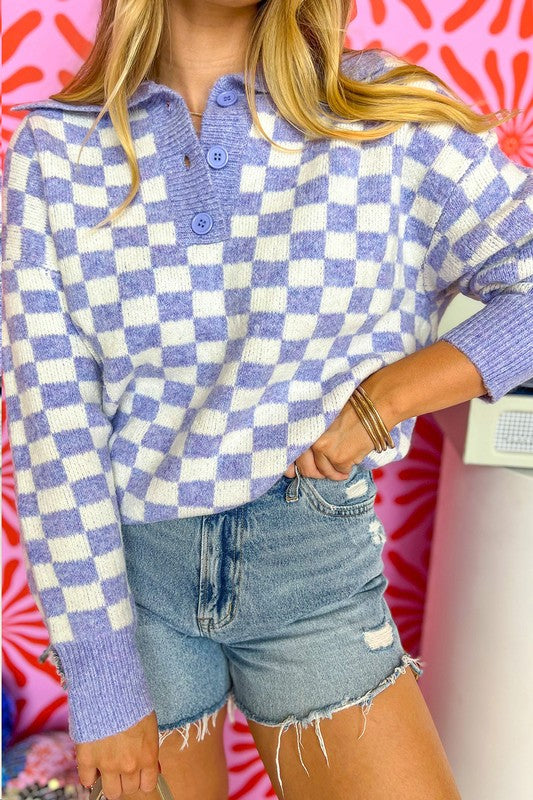 Checkered Collared Buttons Plus Size Sweater - Charming Charlie