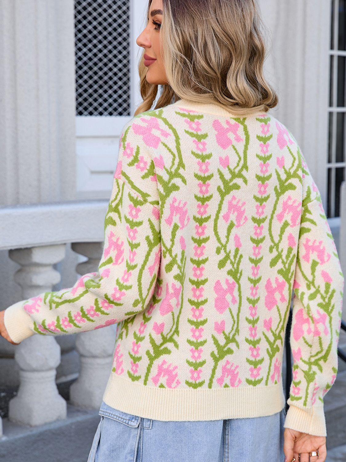 Flower Round Neck Long Sleeve Sweater - Charming Charlie