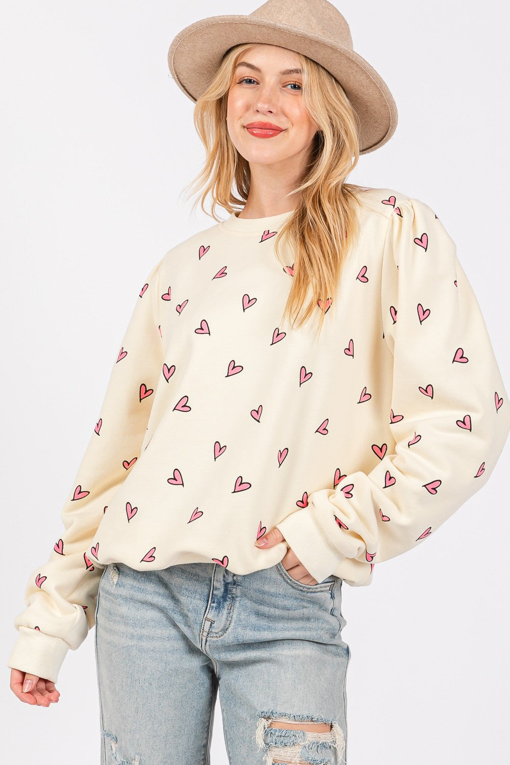 SAGE + FIG Heart Printed Contrast Long Sleeve Sweatshirt - Charming Charlie