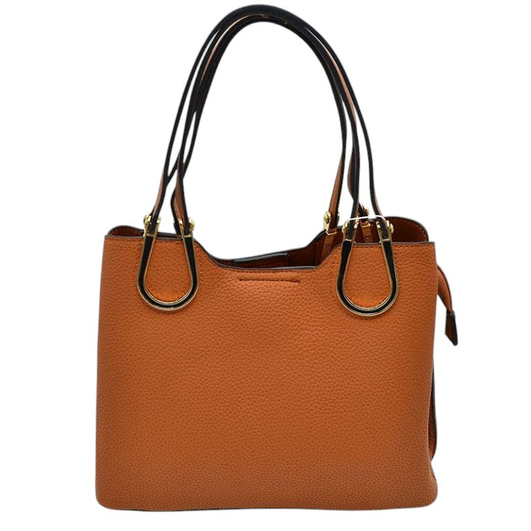 Textured Faux Leather Horseshoe Handle Women’s Tote Bag - Brown - Tote Bag