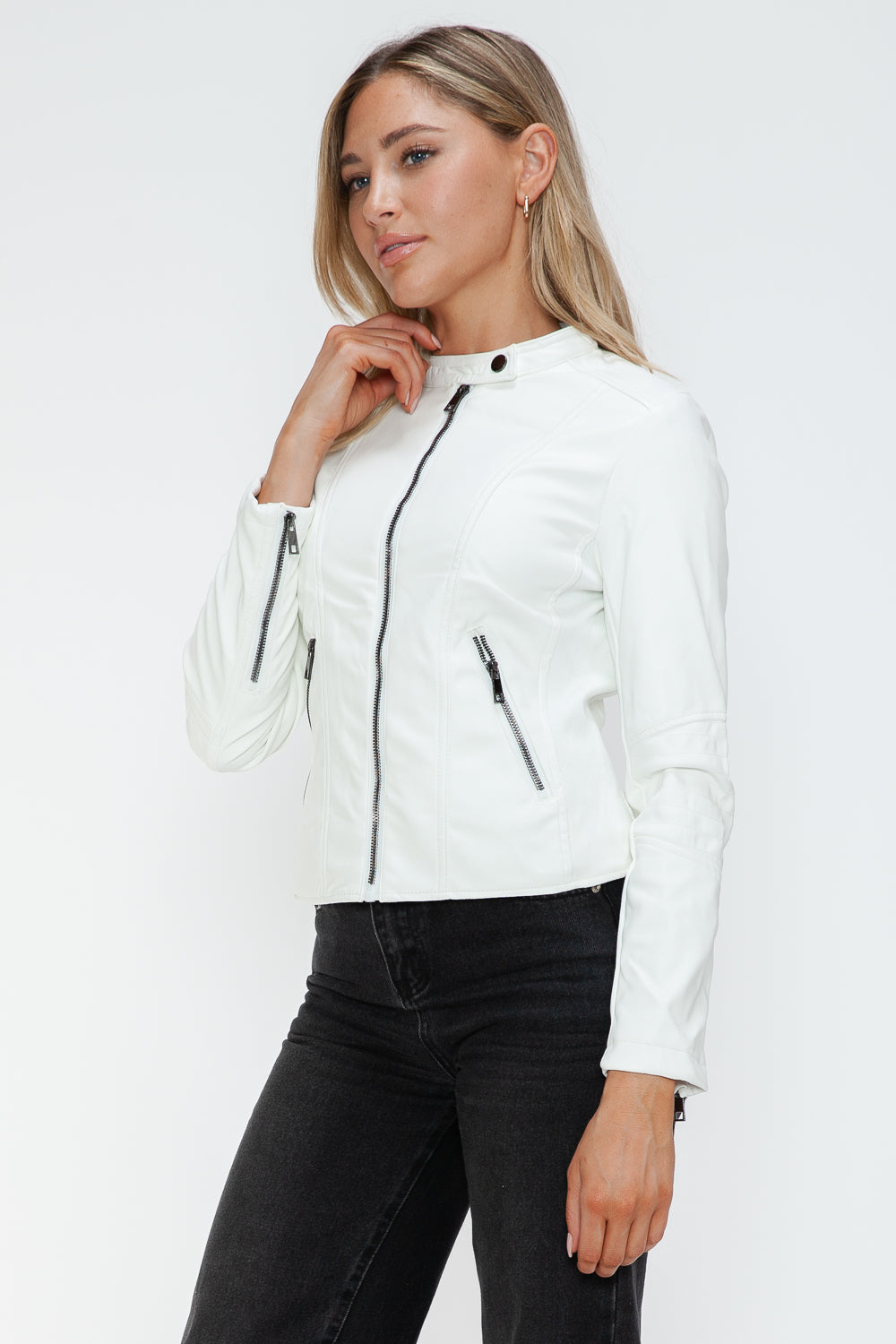 Snobbish Faux Leather Zip Up Drawstring Hooded Jacket - Charming Charlie