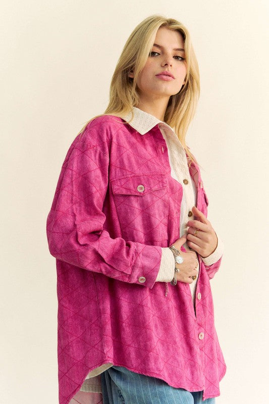 Davi & Dani Curved Hem Diamond Quilted Button Up Denim Shacket - Charming Charlie