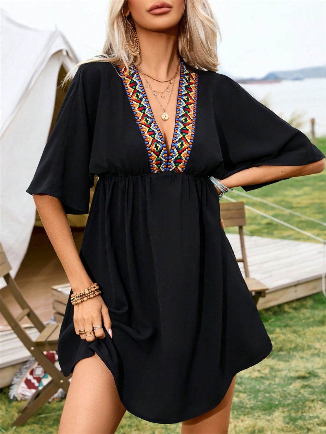 Embroidered Plunge Half Sleeve Mini Dress - Charming Charlie