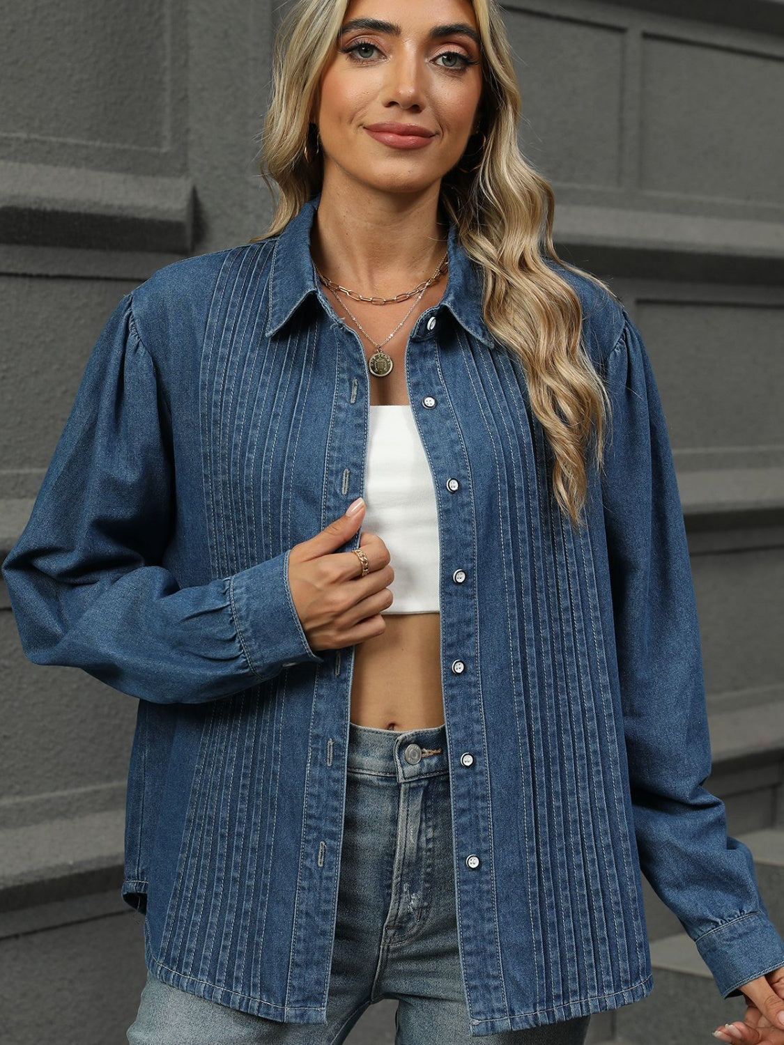 Button Down Collared Neck Long Sleeve Denim Top - Charming Charlie
