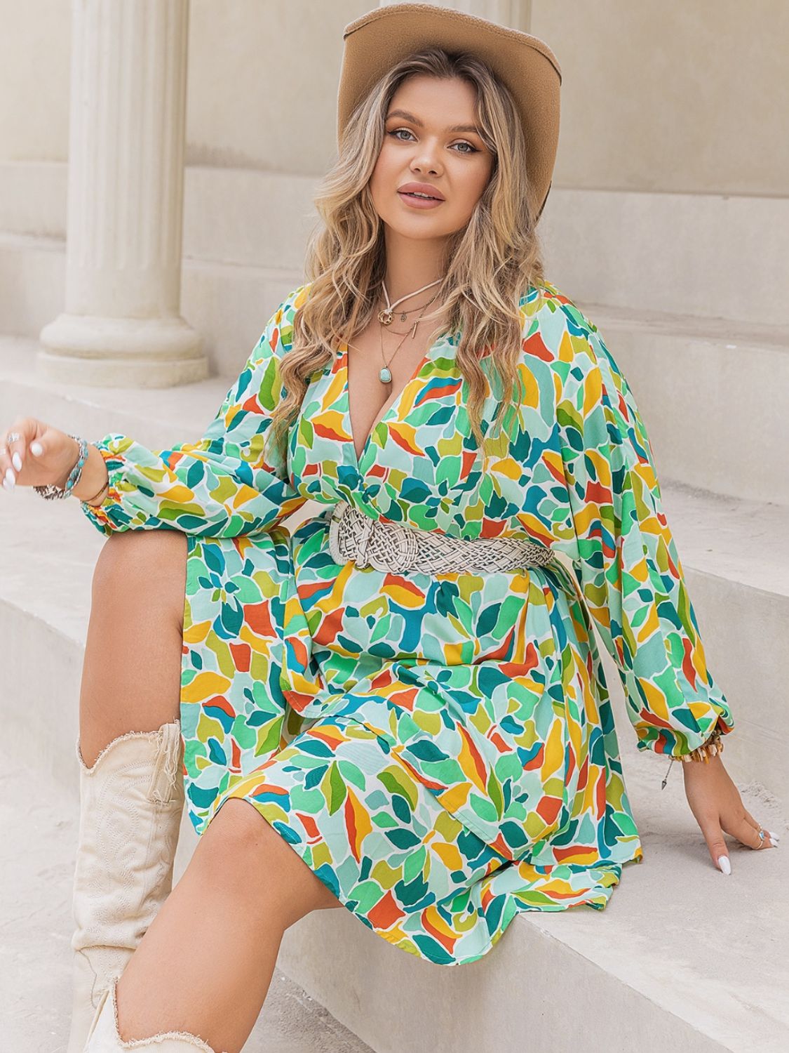 Plus Size Printed Surplice Long Sleeve Mini Dress - Charming Charlie