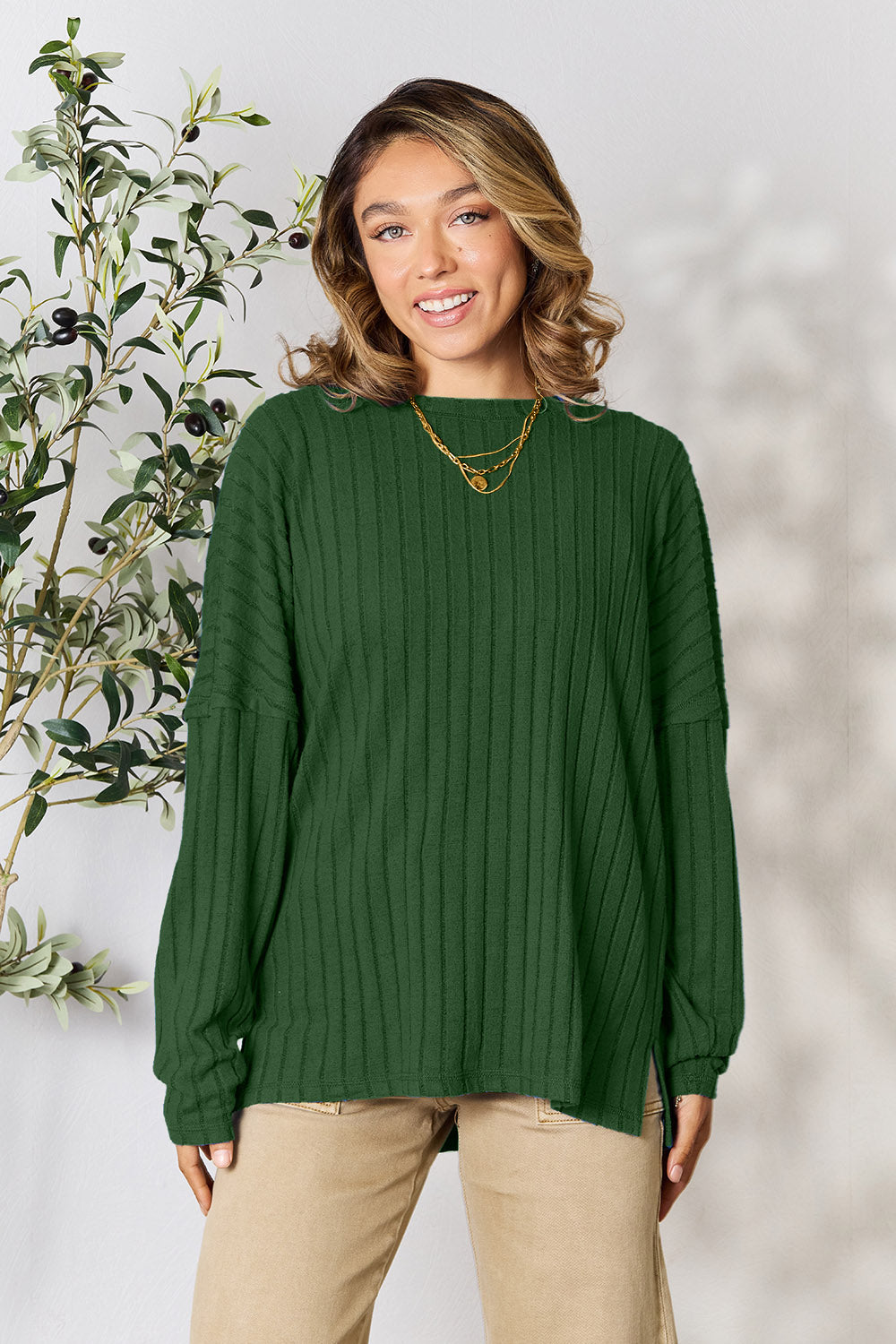 Basic Bae Full Size Ribbed Round Neck Slit Knit Top - Charming Charlie
