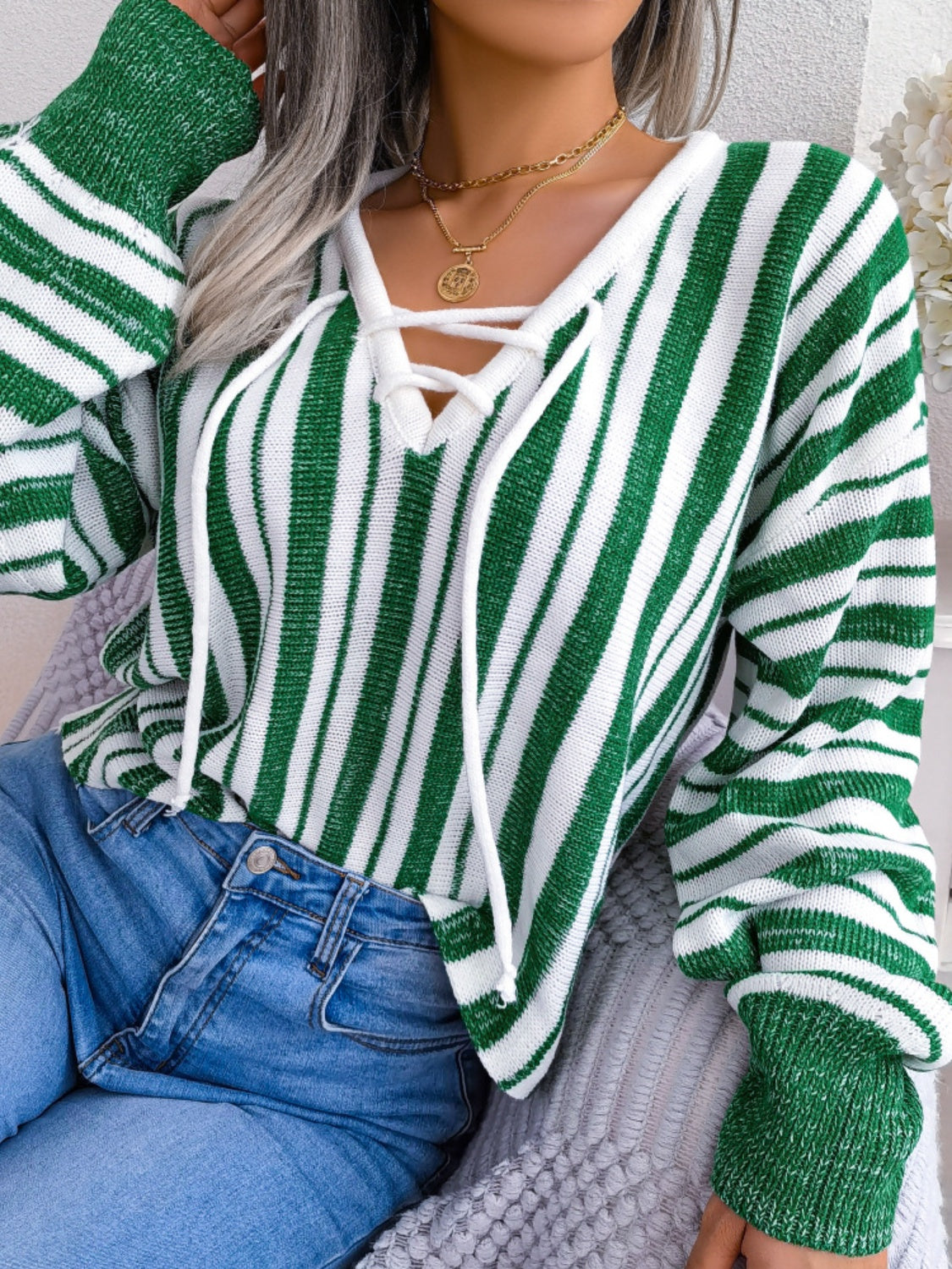 Striped Lace-Up Long Sleeve Sweater - Charming Charlie