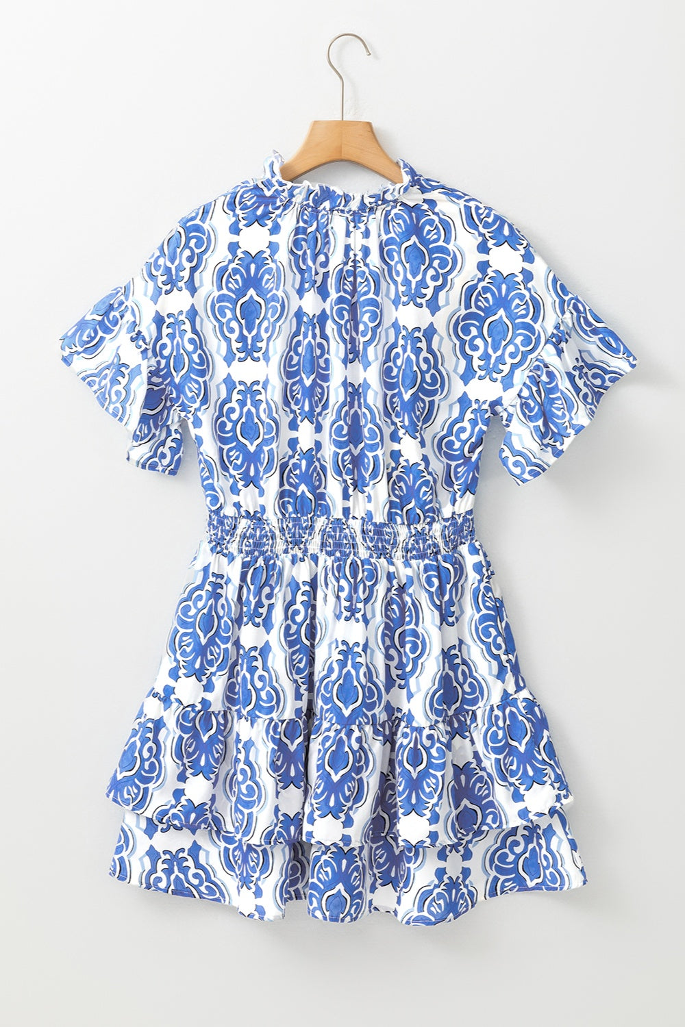 Printed Tie Neck Short Sleeve Mini Dress - Charming Charlie