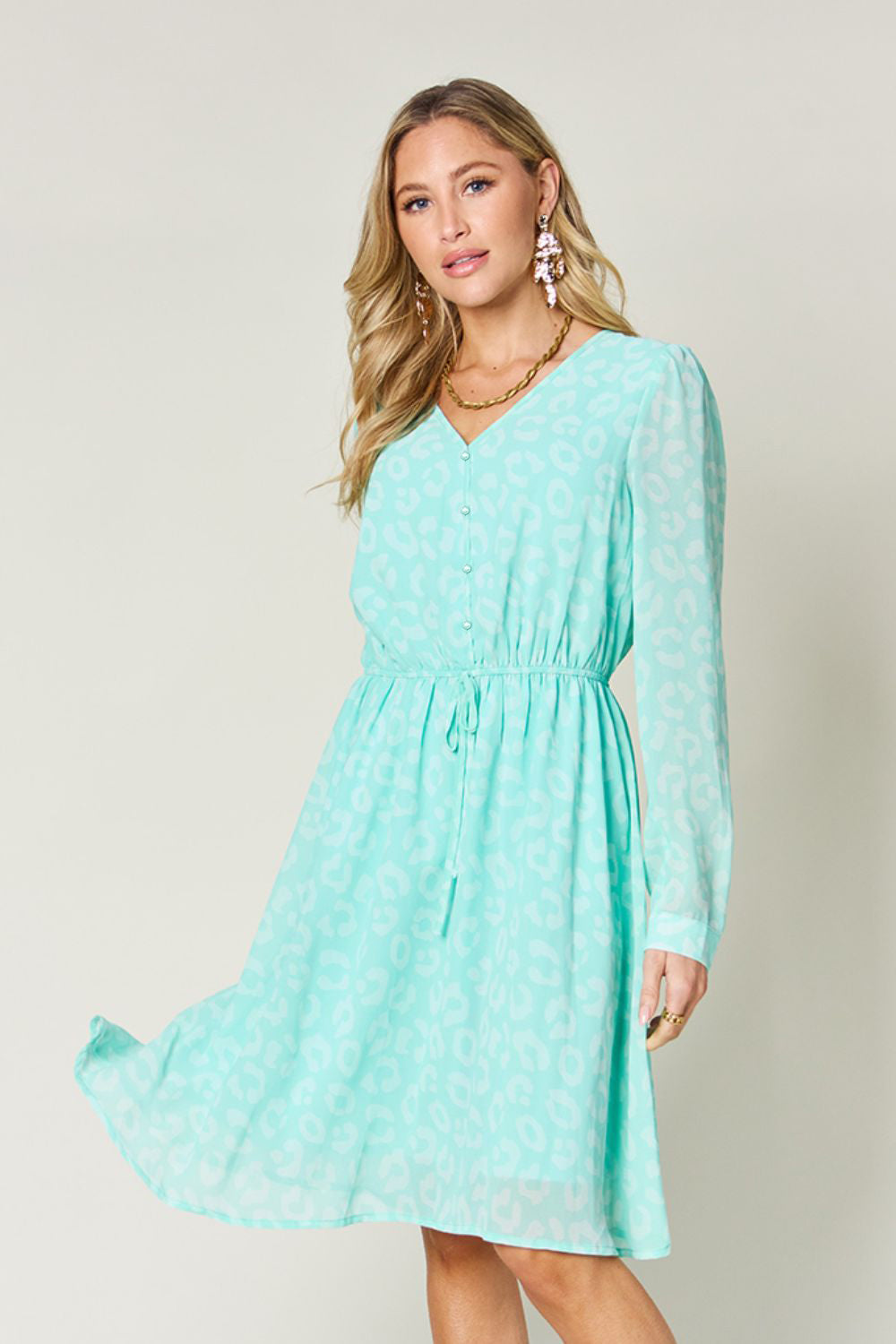 Double Take Full Size Printed Ruched V-Neck Long Sleeve Dress - Charming Charlie