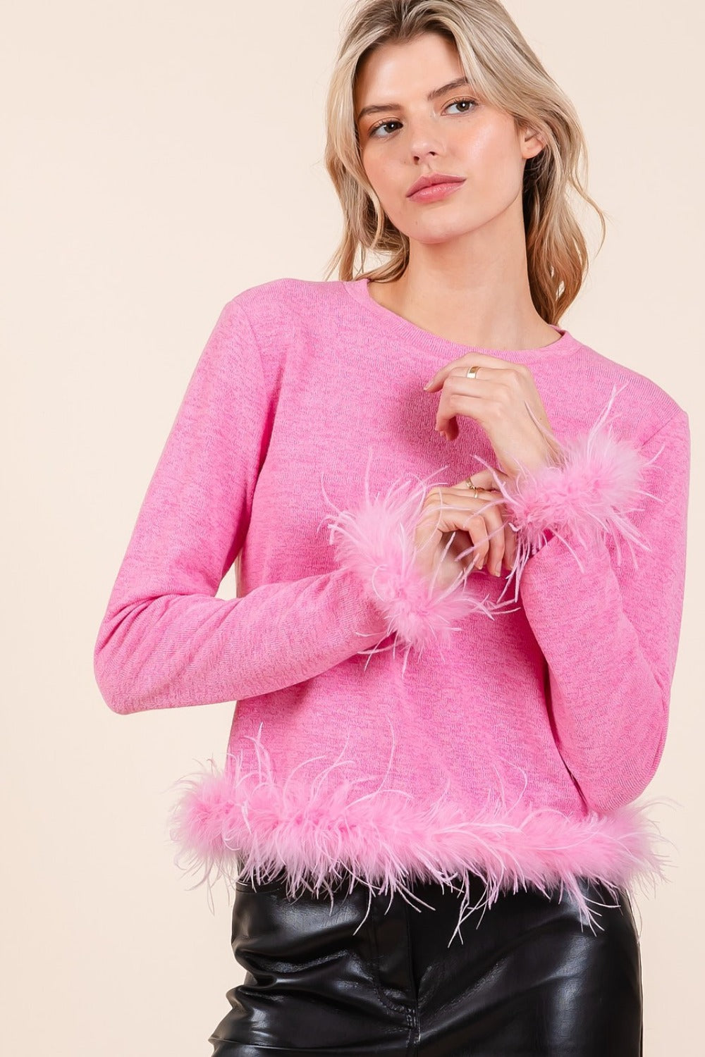 Mittoshop Feather Trim Long Sleeve Crop Hacci Knit Top - Charming Charlie
