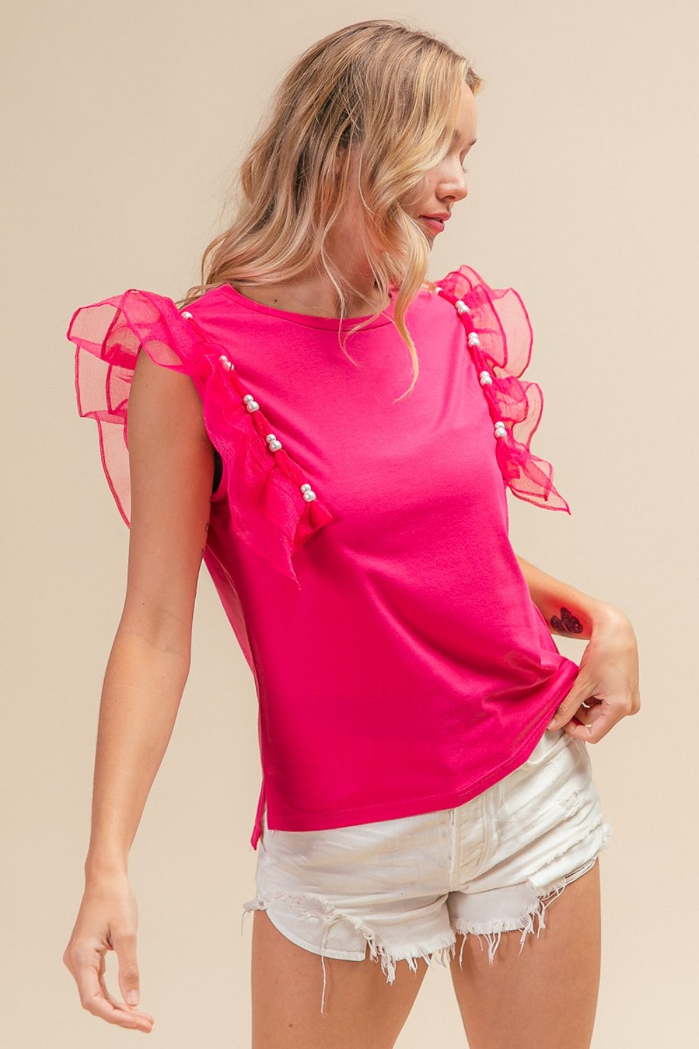BiBi Pearl Decor Mesh Ruffle Sleeve Top - Charming Charlie