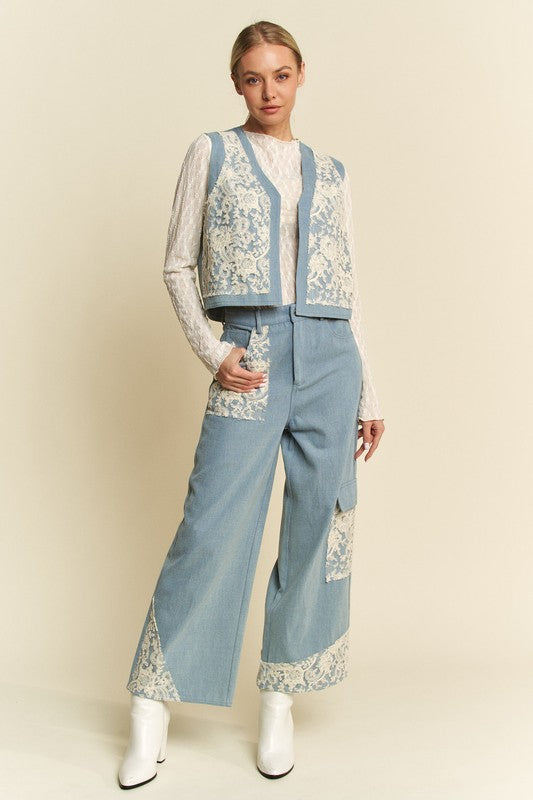 Davi & Dani Lace Patch Open Front Denim Vest - Charming Charlie