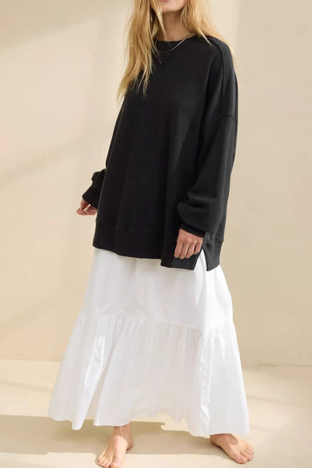 Side Slit Round Neck Long Sleeve Sweatshirt - Charming Charlie