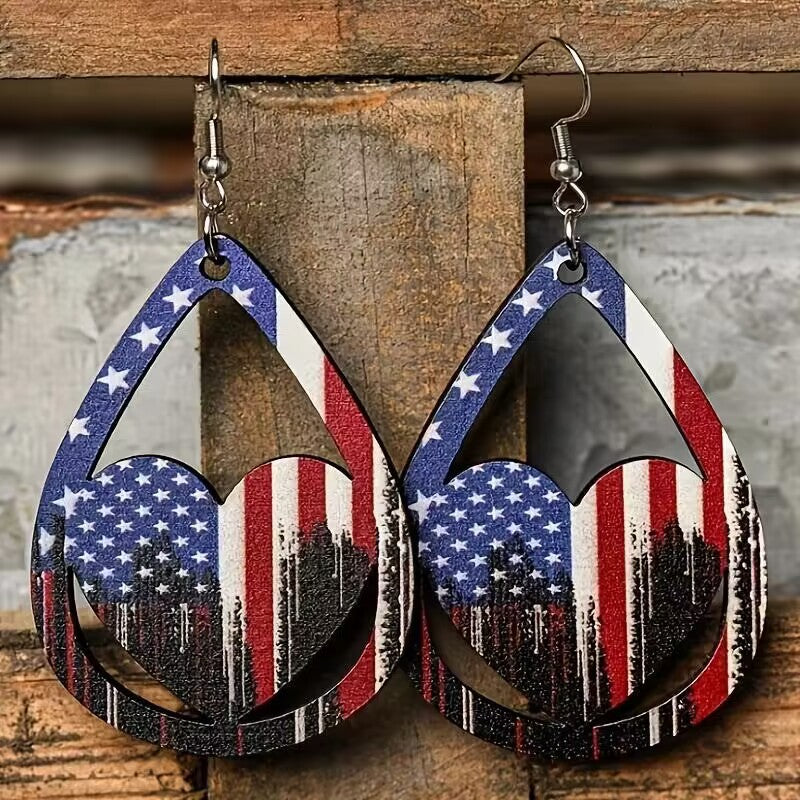 US Flag Pattern Wooden Earrings - Charming Charlie