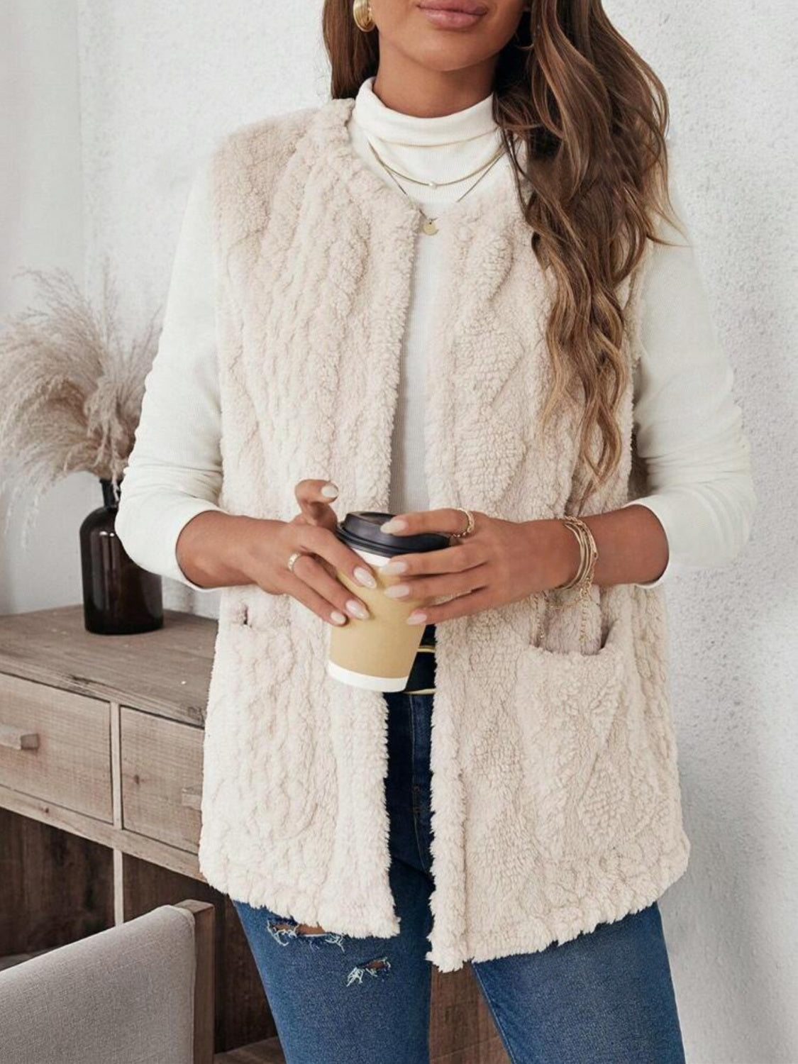 Fuzzy Open Front Vest with Pockets - Charming Charlie