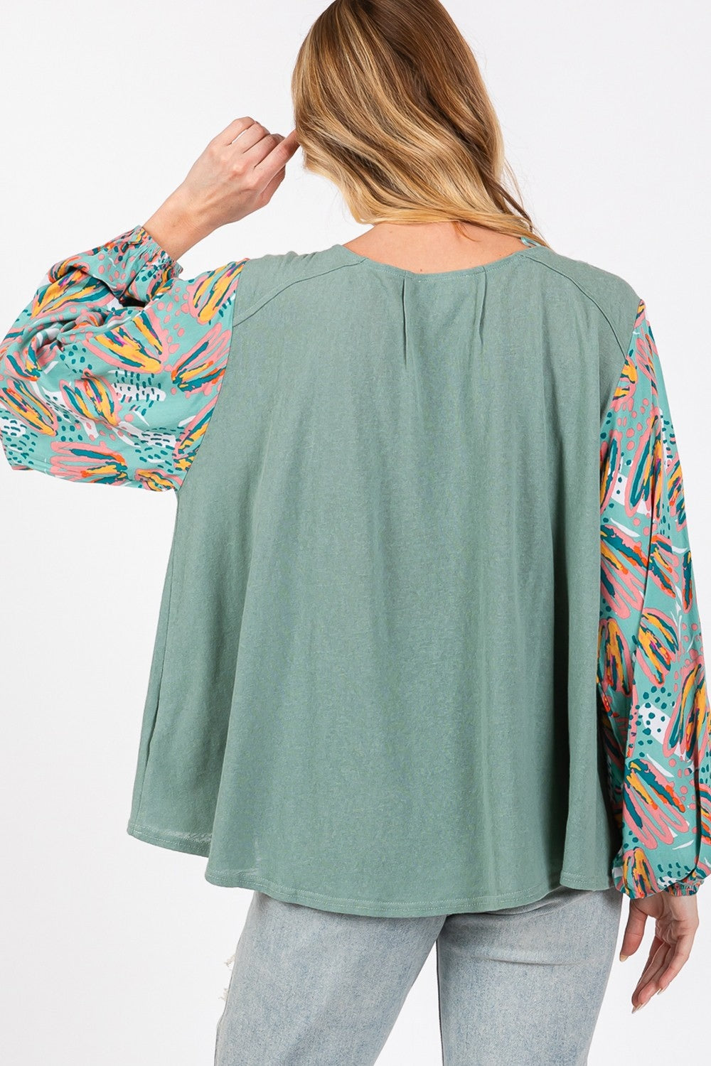 SAGE + FIG Ruched Round Neck Printed Bubble Sleeve Top - Charming Charlie