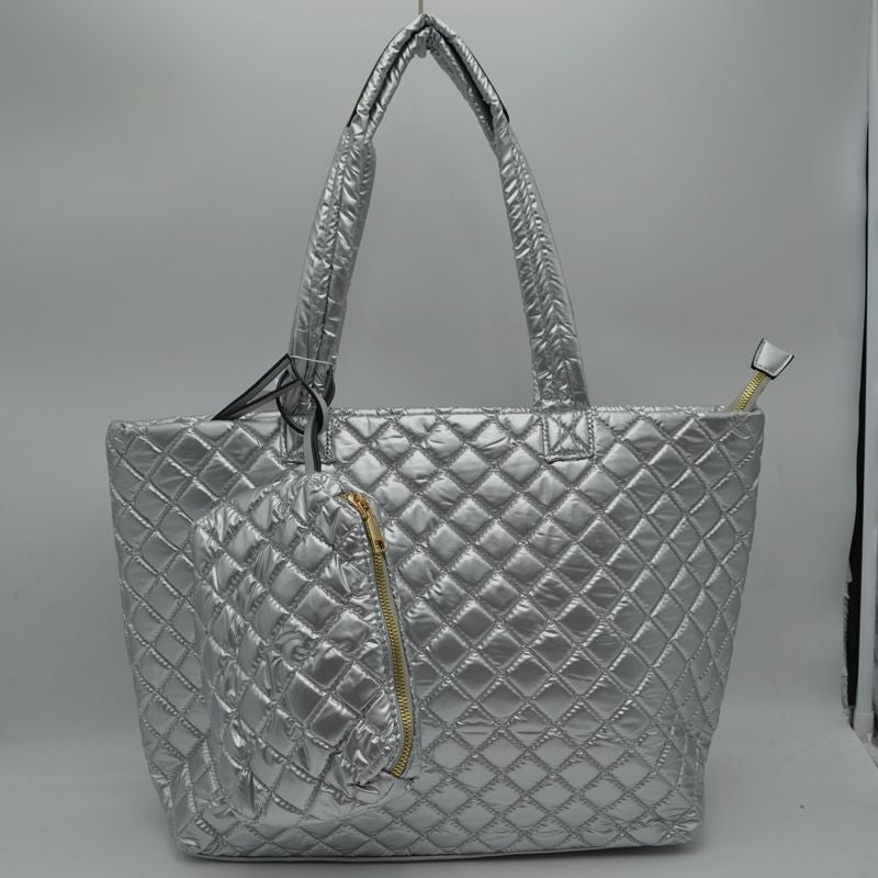 2-in-1 Large Quilted Zipper Tote with Pouch - Tote Bag