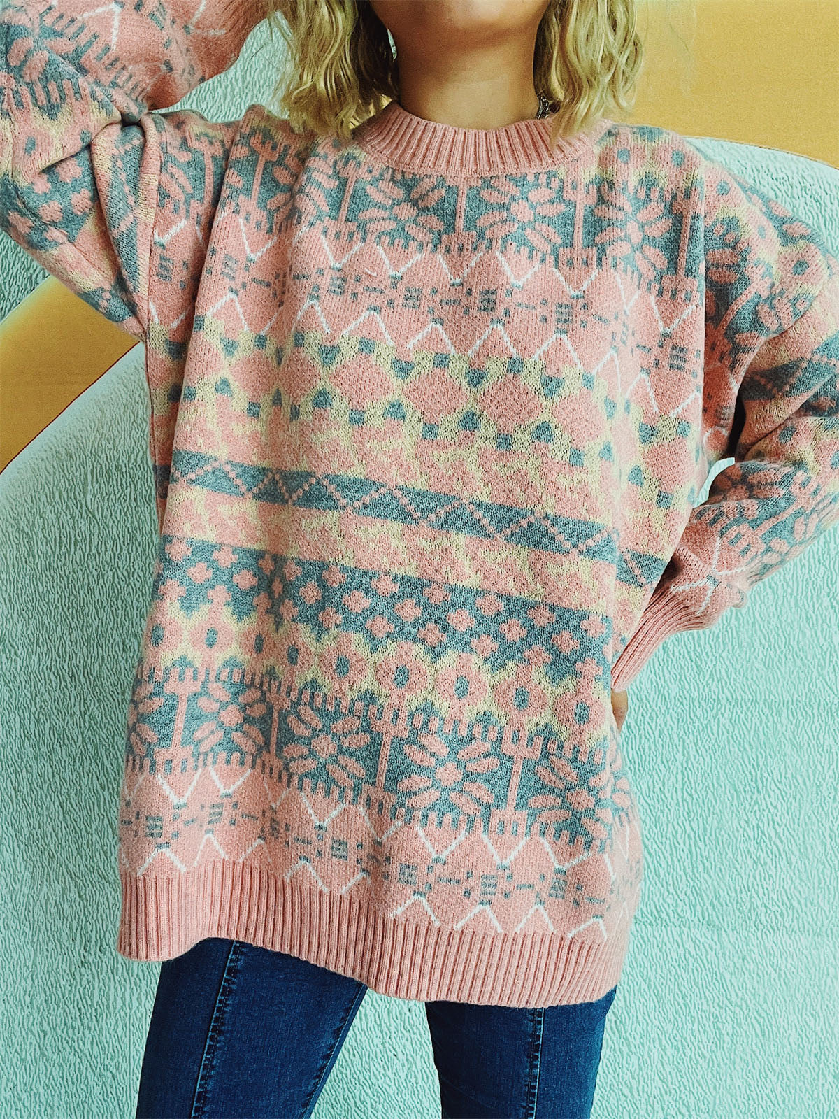 Geometric Round Neck Dropped Shoulder Sweater - Charming Charlie