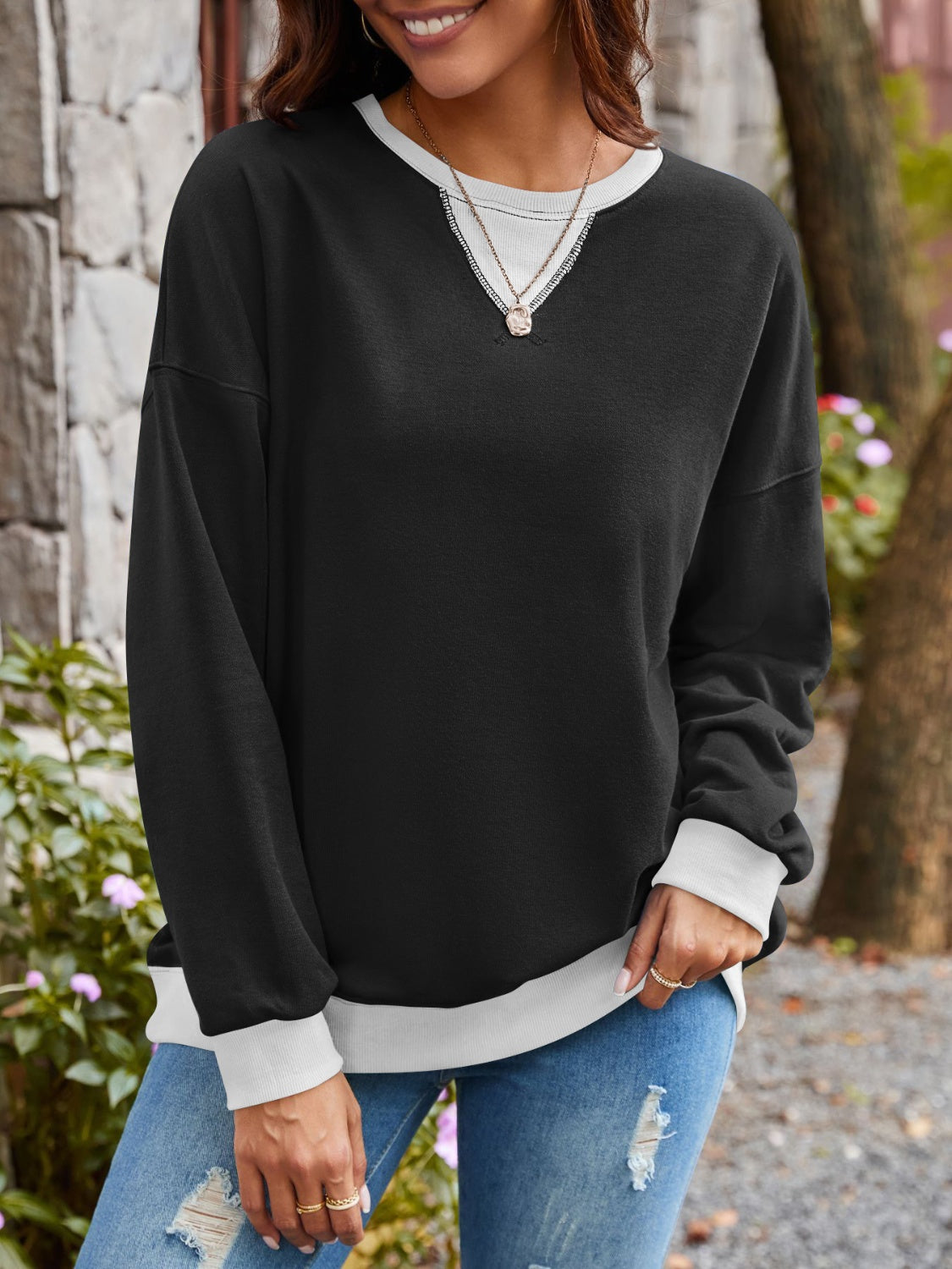 Contrast Round Neck Long Sleeve Sweatshirt - Charming Charlie