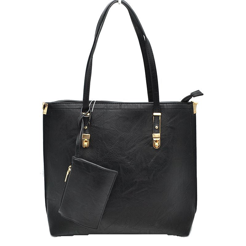 Soft Faux Leather Tote Handbag With Wallet - Black - Tote Bag