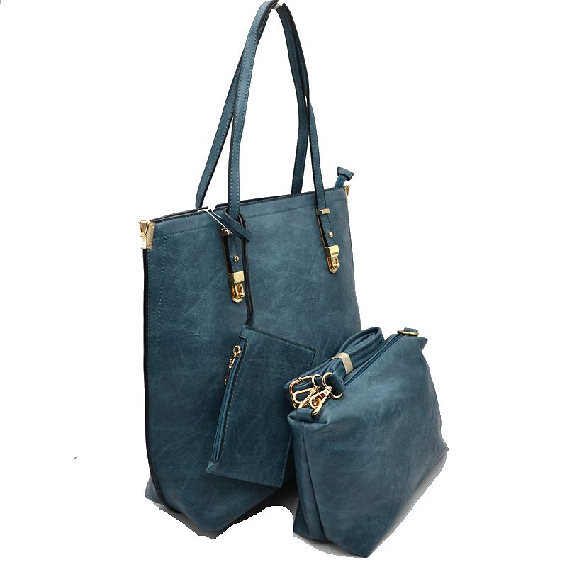 Soft Faux Leather Tote Handbag With Wallet - Blue - Tote Bag
