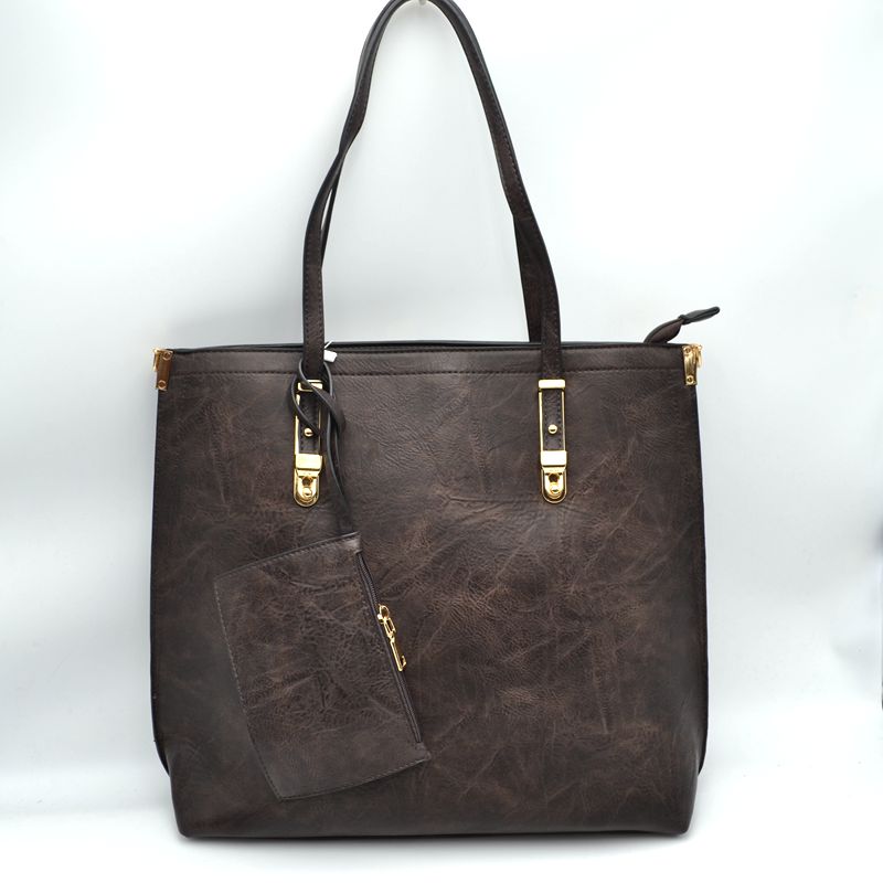 Soft Faux Leather Tote Handbag With Wallet - Coffee - Tote Bag