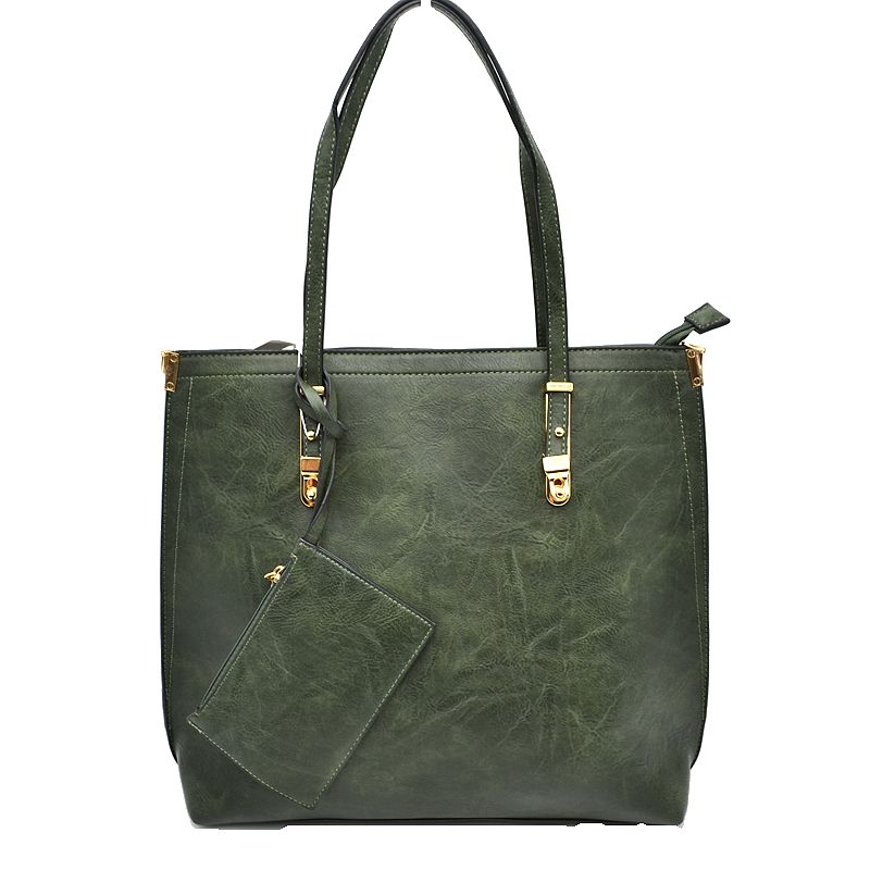 Soft Faux Leather Tote Handbag With Wallet - Green - Tote Bag