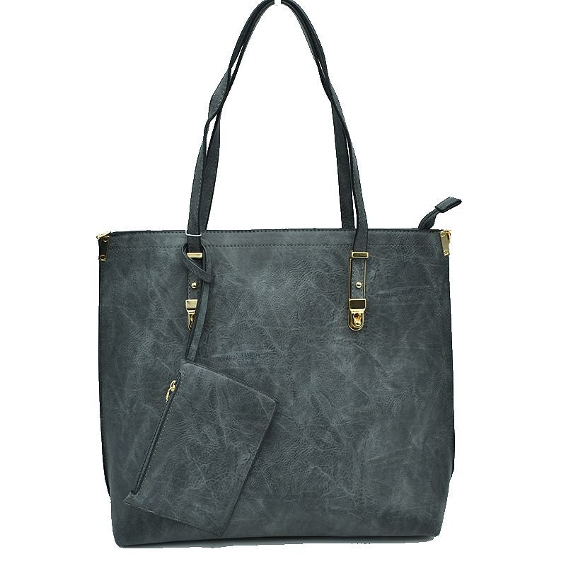 Soft Faux Leather Tote Handbag With Wallet - Dark Gray - Tote Bag