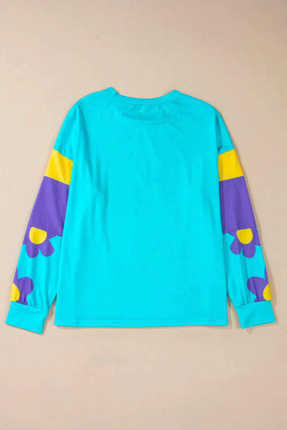 Contrast Flower Round Neck Long Sleeve Blouse - Charming Charlie