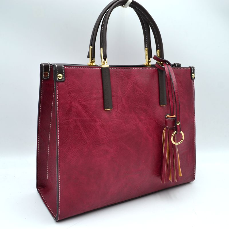 Large Shoulder Vegan Leather Tassel Handbag For Women - Red - Tote Bag