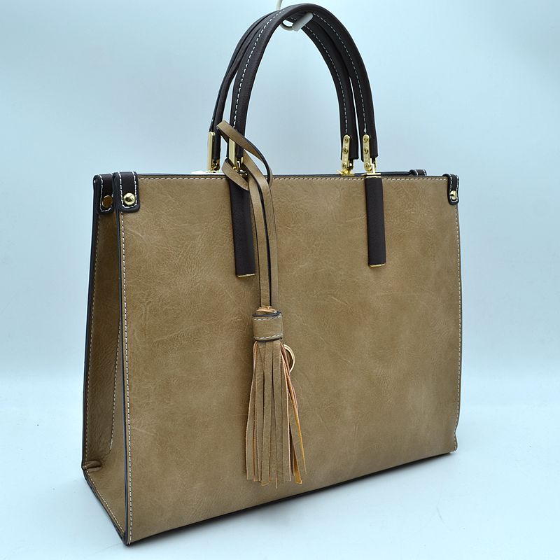 Large Shoulder Vegan Leather Tassel Handbag For Women - Taupe - Tote Bag