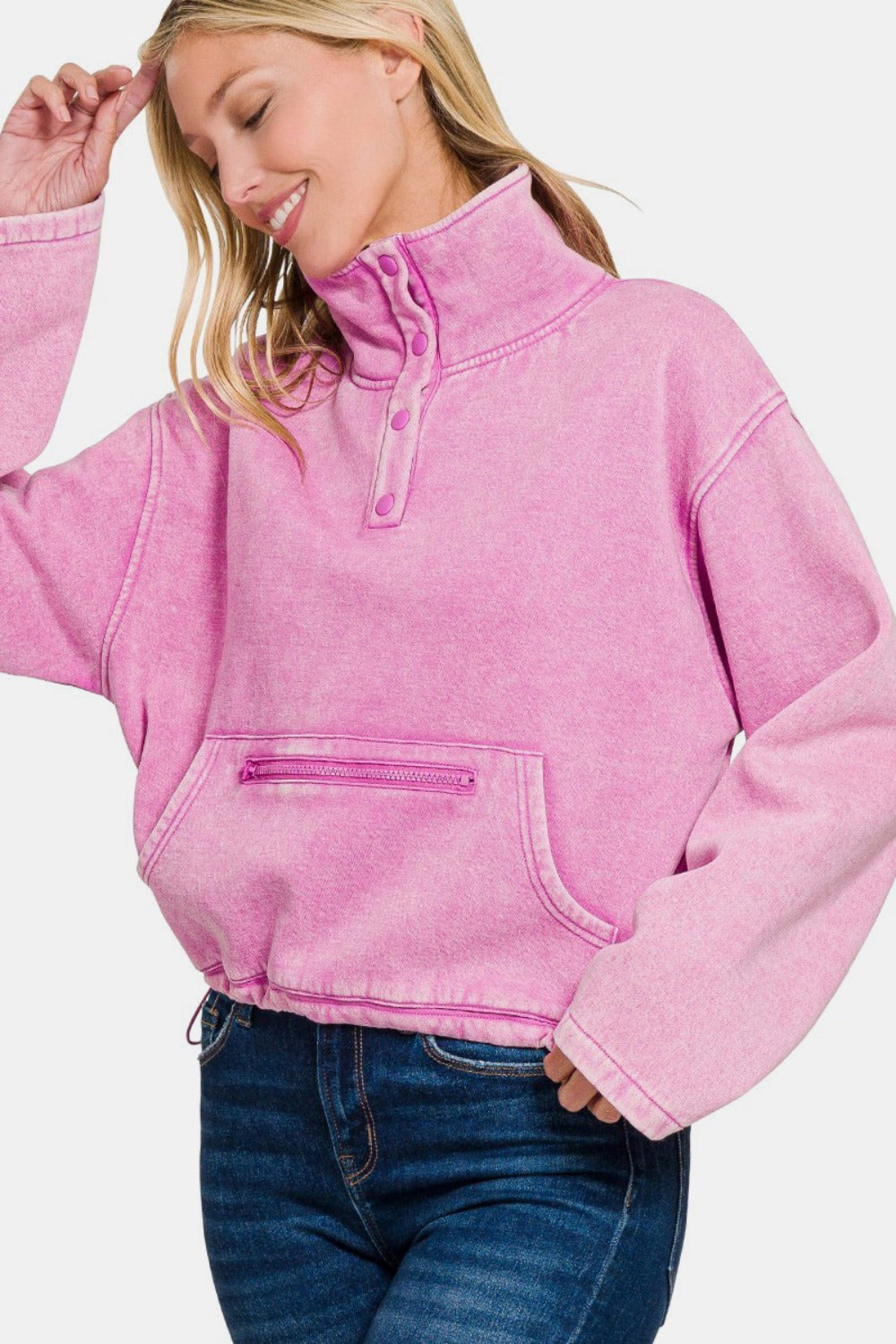 Zenana Acid Wash Fleece Half Snap Sweatshirt with Pocket - Charming Charlie