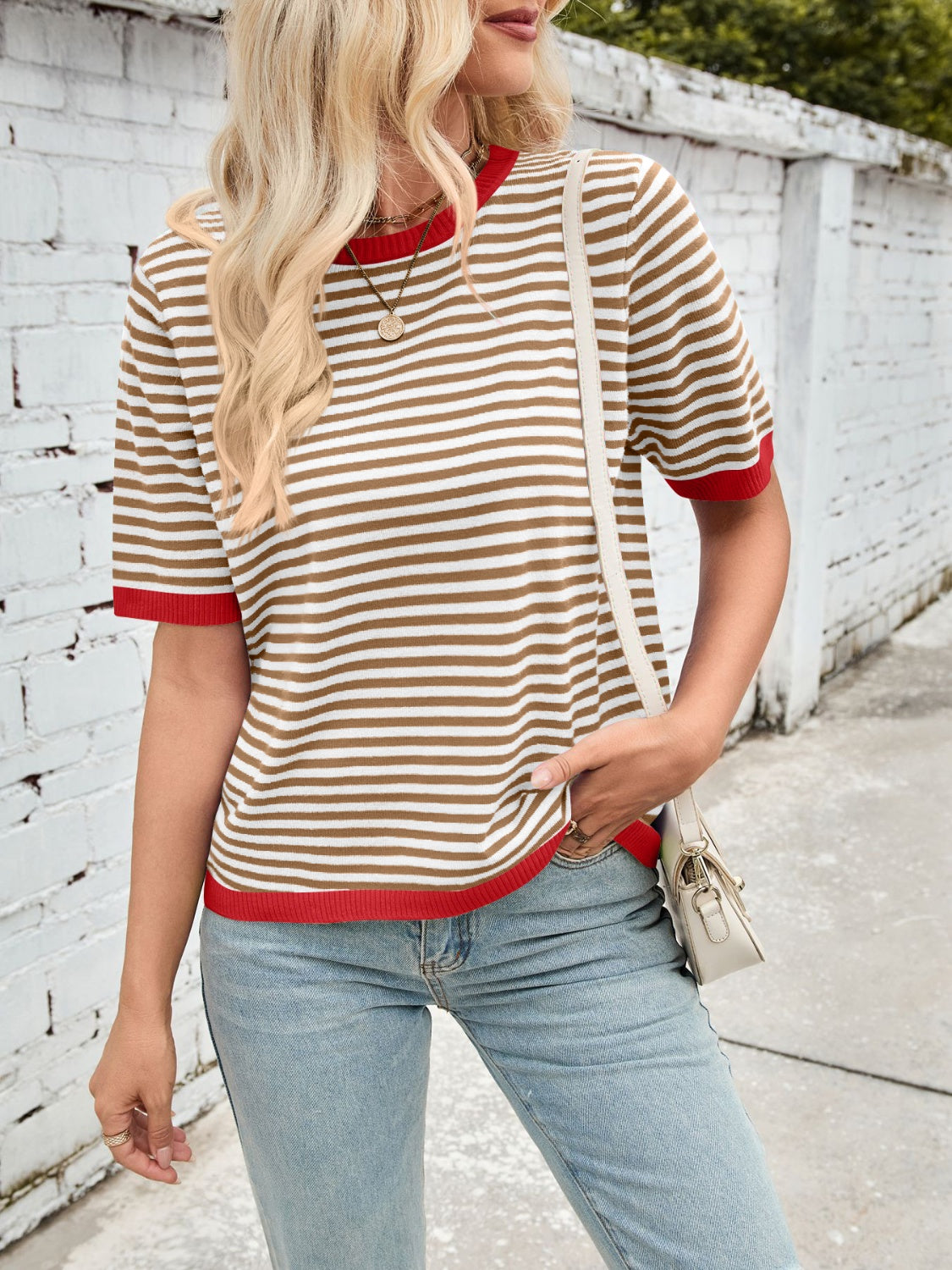 Lovelet Striped Contrast Round Neck Half Sleeve Knit Top - Charming Charlie